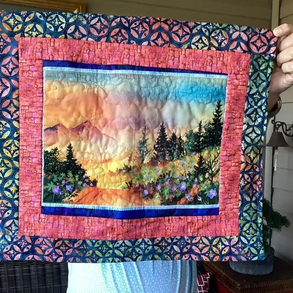 NWT. Hand Crafted Colorful Landscape Quilted Wall Hanging